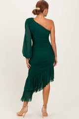 Forest Green Mesh Ruched One Shoulder Asymmetric Dress