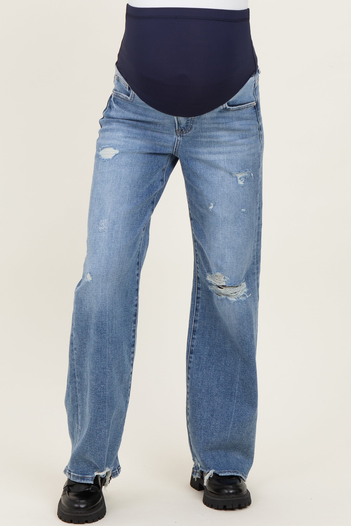 Blue Distressed Open Knee Wide Leg Maternity Jeans