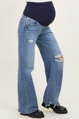 Blue Distressed Open Knee Wide Leg Maternity Jeans