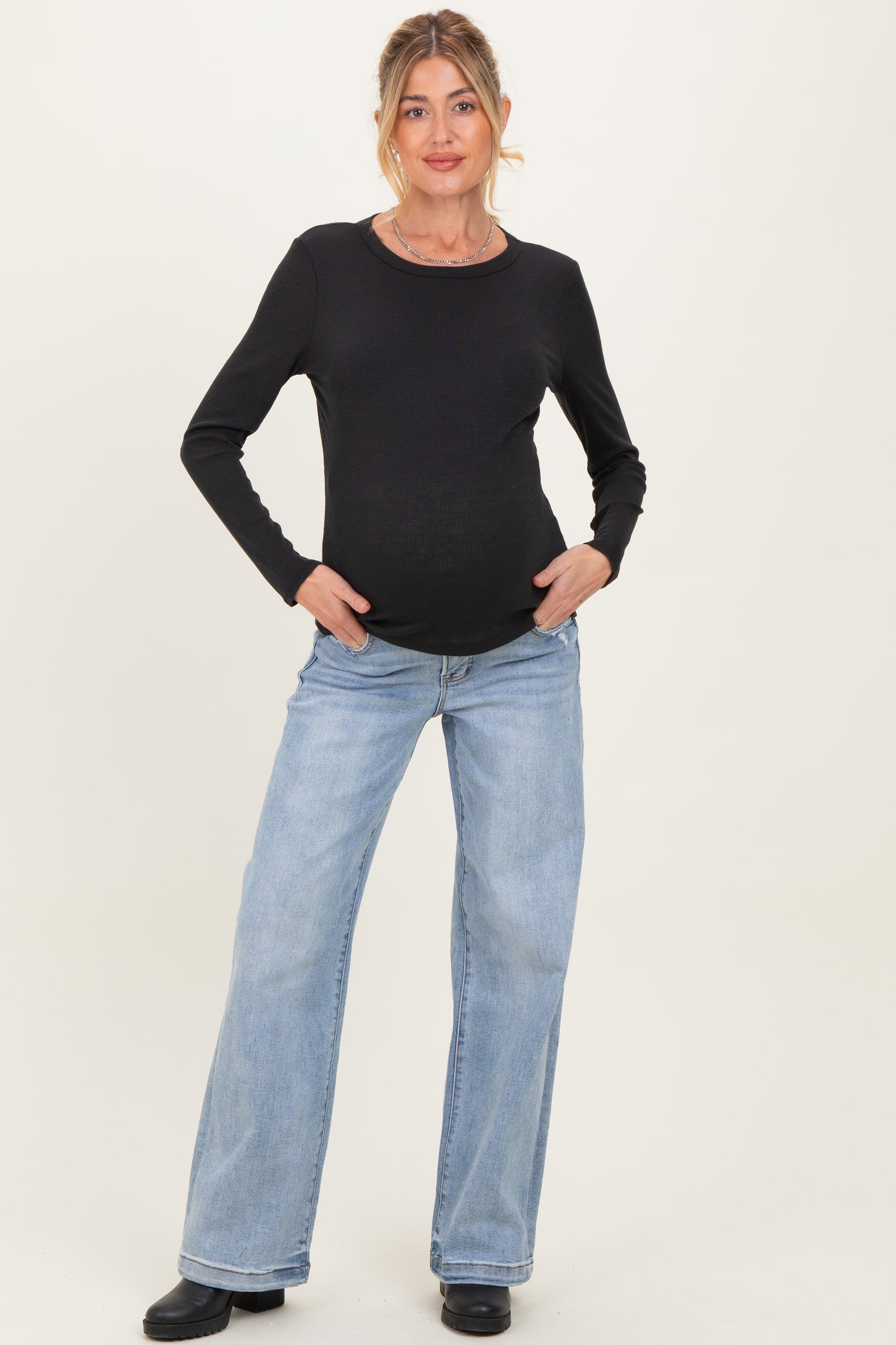 Light Blue Lightly Distressed Maternity Wide Leg Jeans