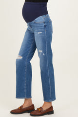 Blue Distressed Ripped Knee Straight Leg Maternity Jeans