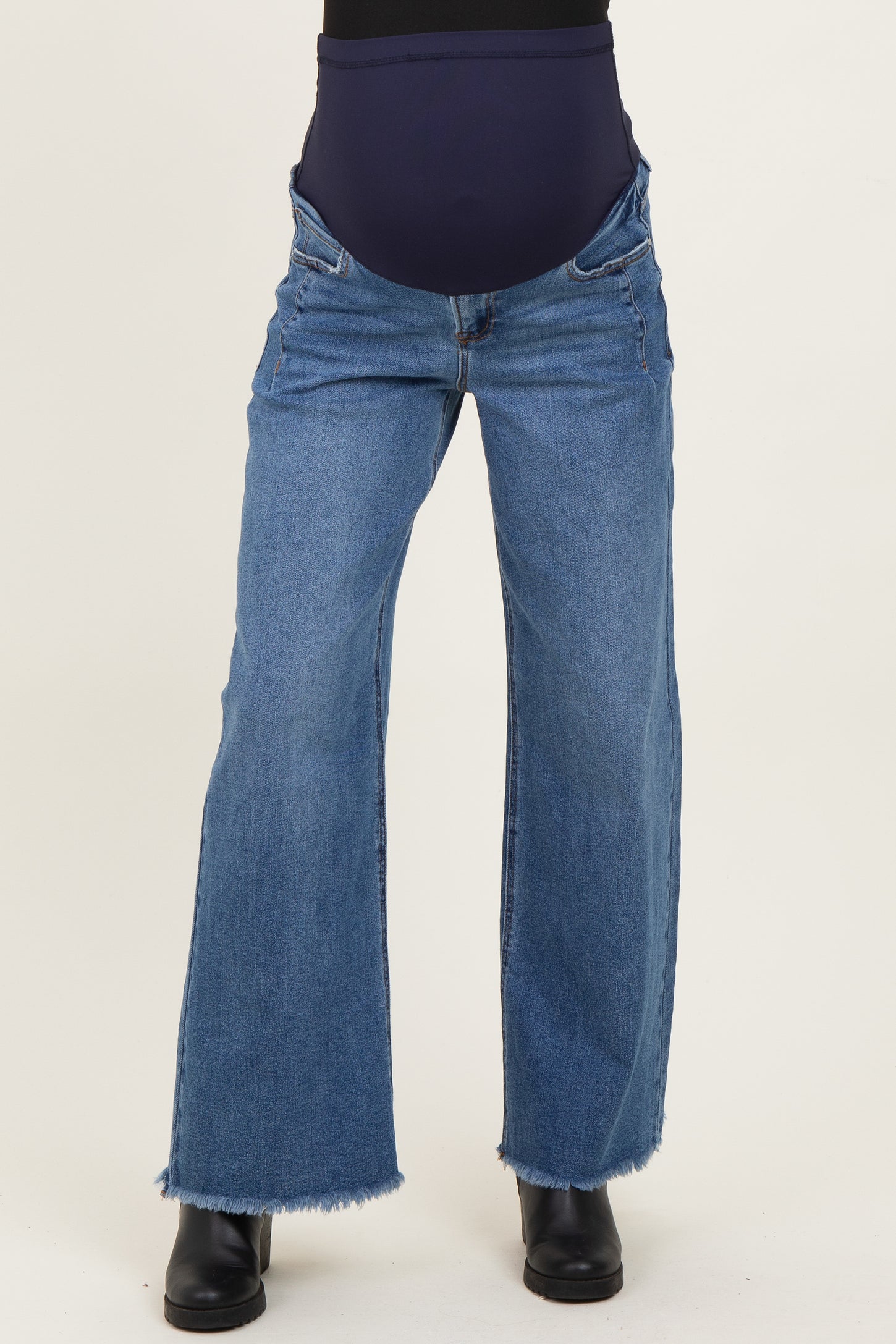 Navy Fray Hem Wide Leg Maternity Jeans