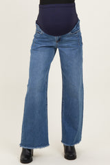 Navy Fray Hem Wide Leg Maternity Jeans