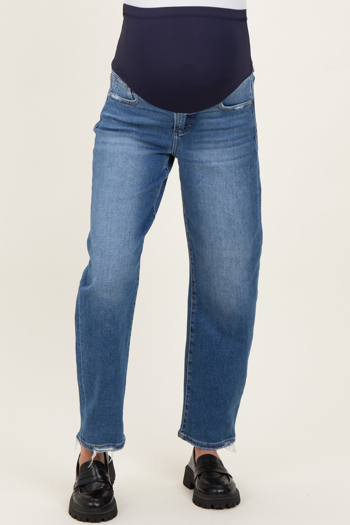 Blue Distressed Slim Barrel Leg Maternity Jeans