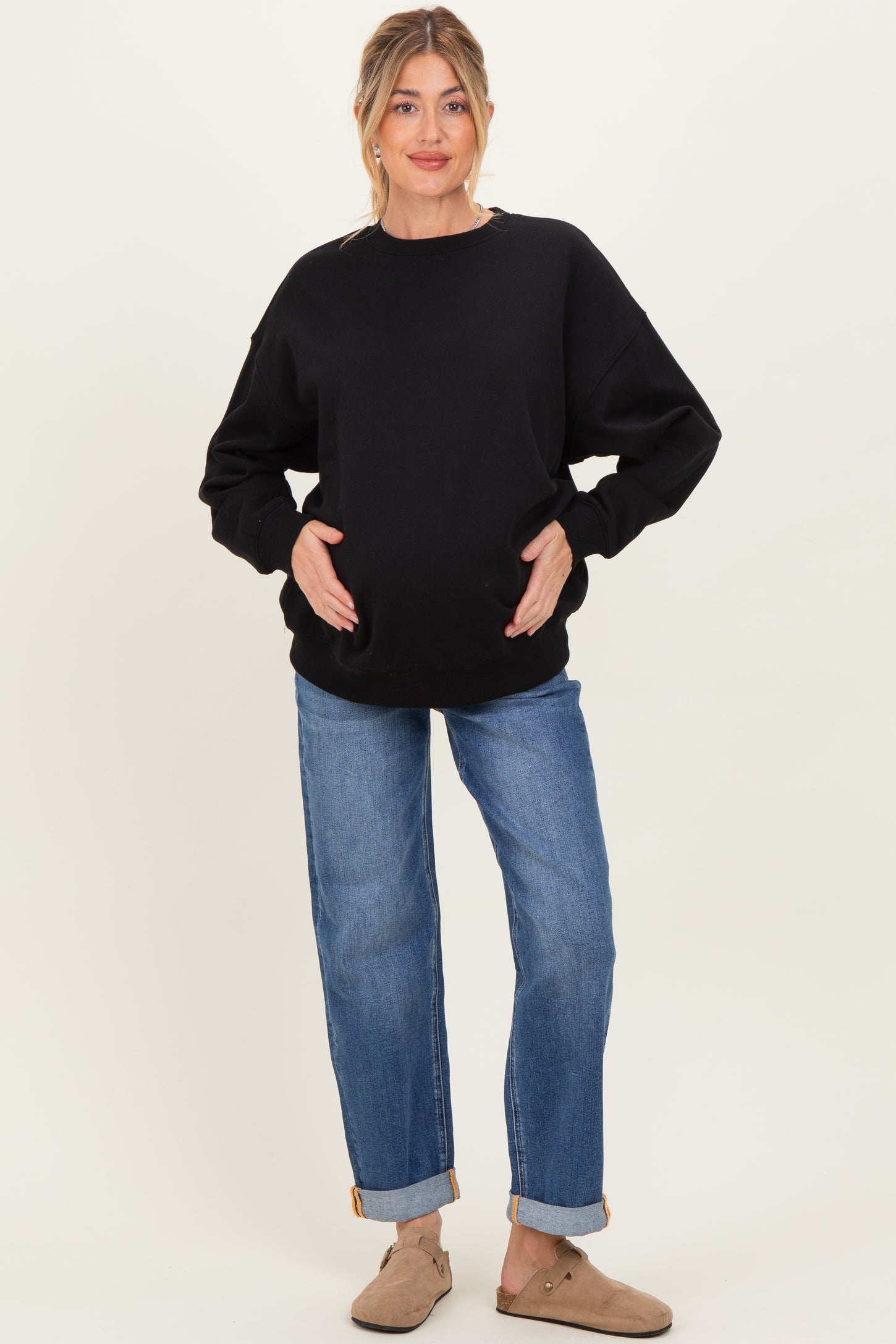 Navy Rolled Hem Maternity Boyfriend Jeans