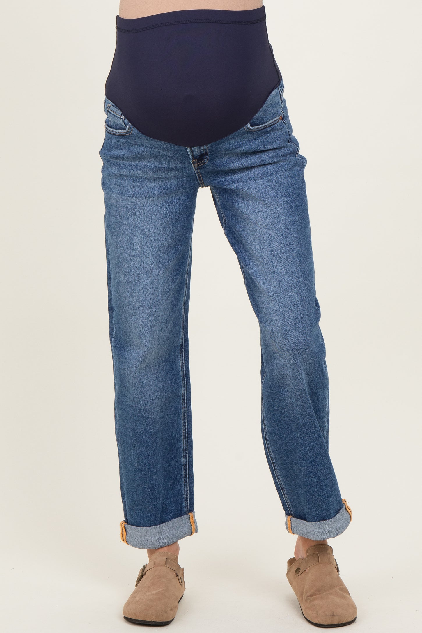 Navy Rolled Hem Maternity Boyfriend Jeans