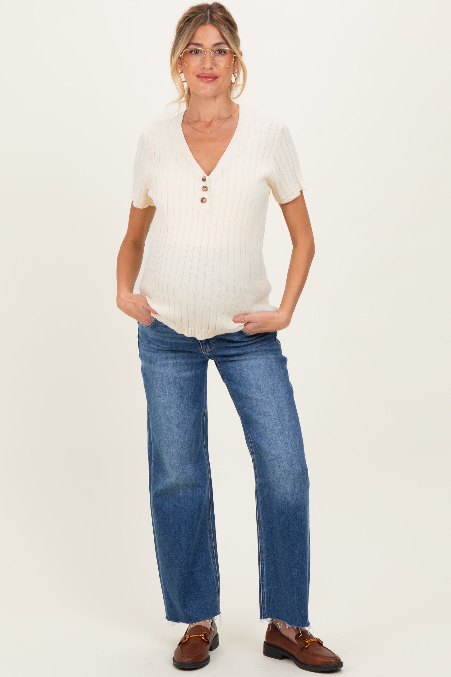 Blue Raw Hem Maternity Cropped Wide Leg Jeans
