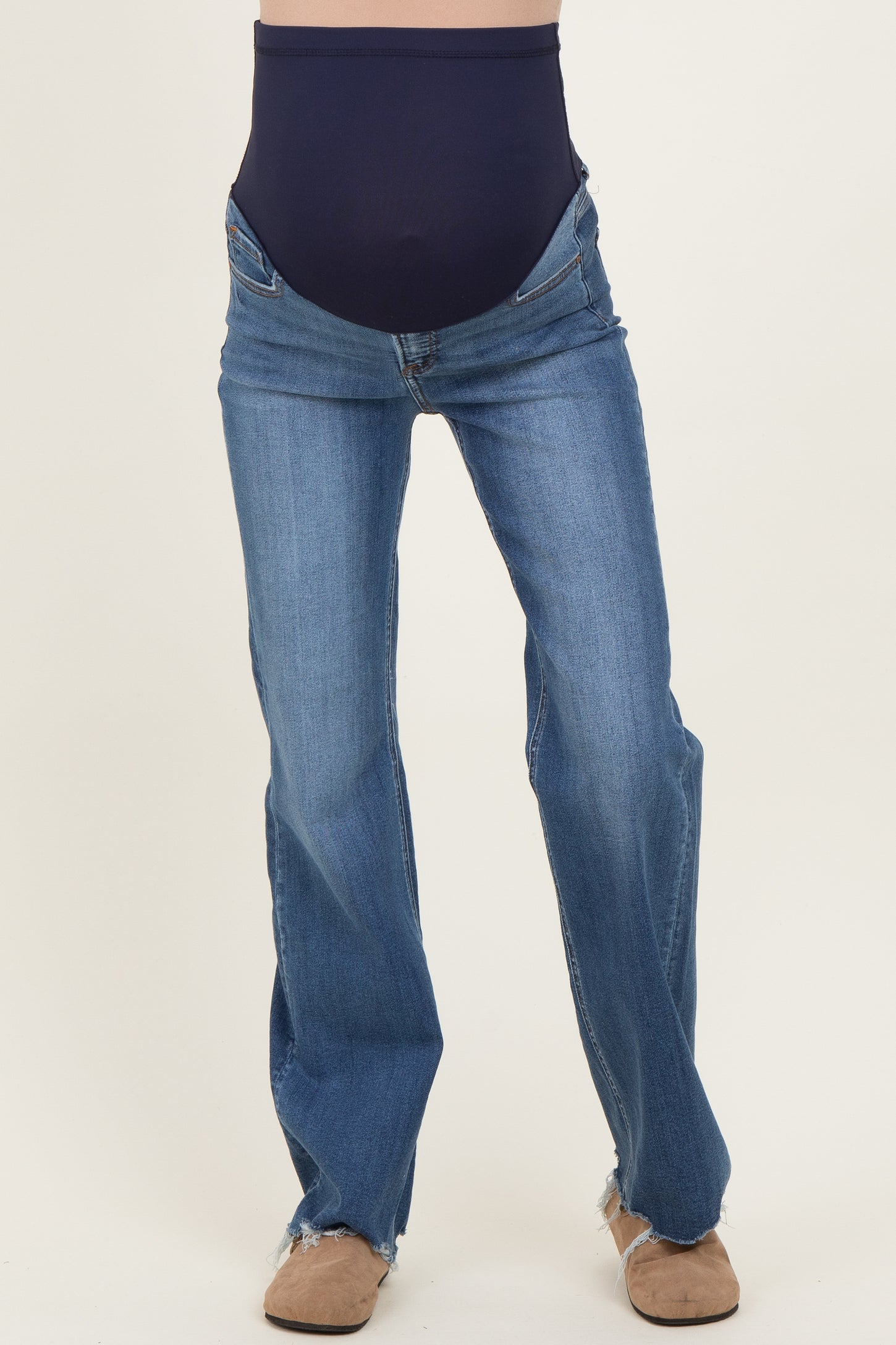 Navy Blue Fray Hem Straight Leg Maternity Jeans