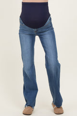 Navy Blue Fray Hem Straight Leg Maternity Jeans