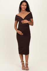 Brown Off Shoulder Fitted Maternity Midi Dress