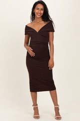Brown Off Shoulder Fitted Maternity Midi Dress