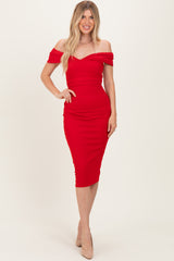 Red Off Shoulder Fitted Midi Dress