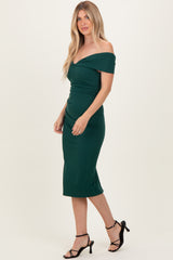 Forest Green Off Shoulder Fitted Midi Dress