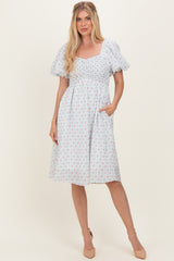 Green Floral Smocked Puff Sleeve Maternity Dress
