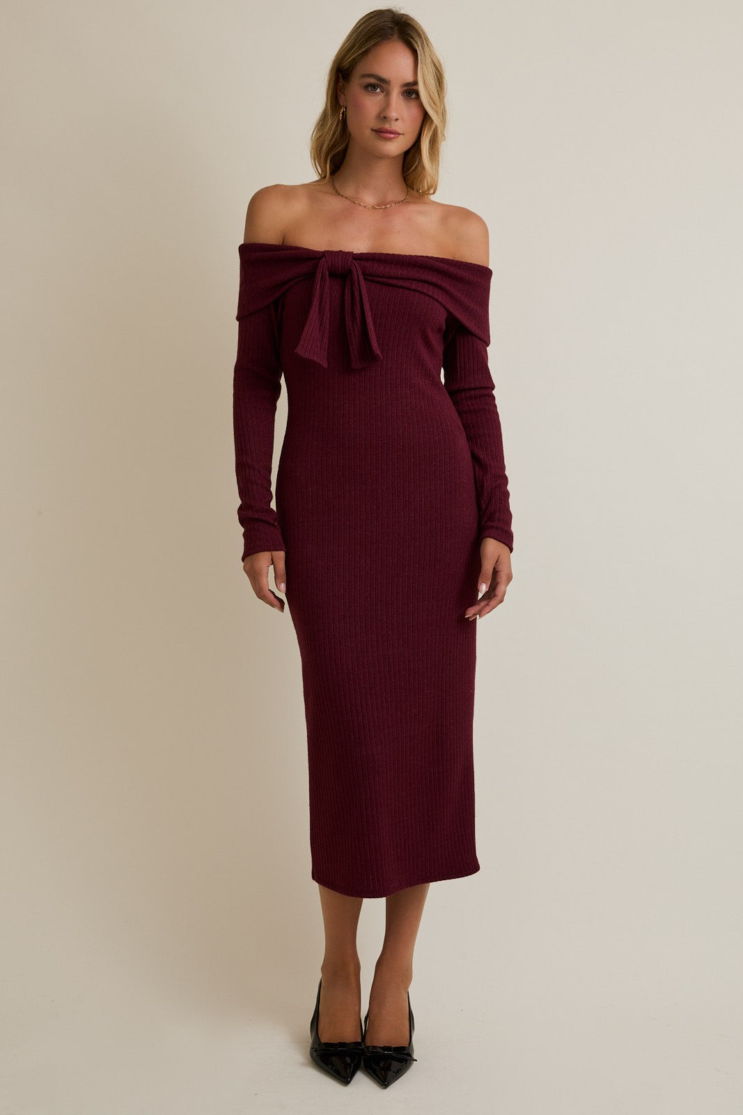 Burgundy Knit Off Shoulder Bow Detail Midi Dress