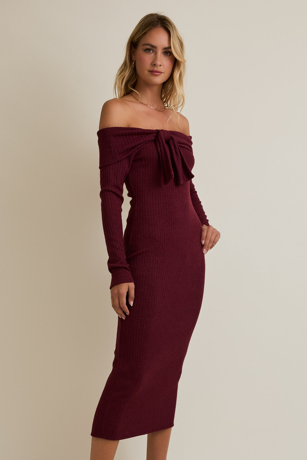 Burgundy Knit Off Shoulder Bow Detail Midi Dress