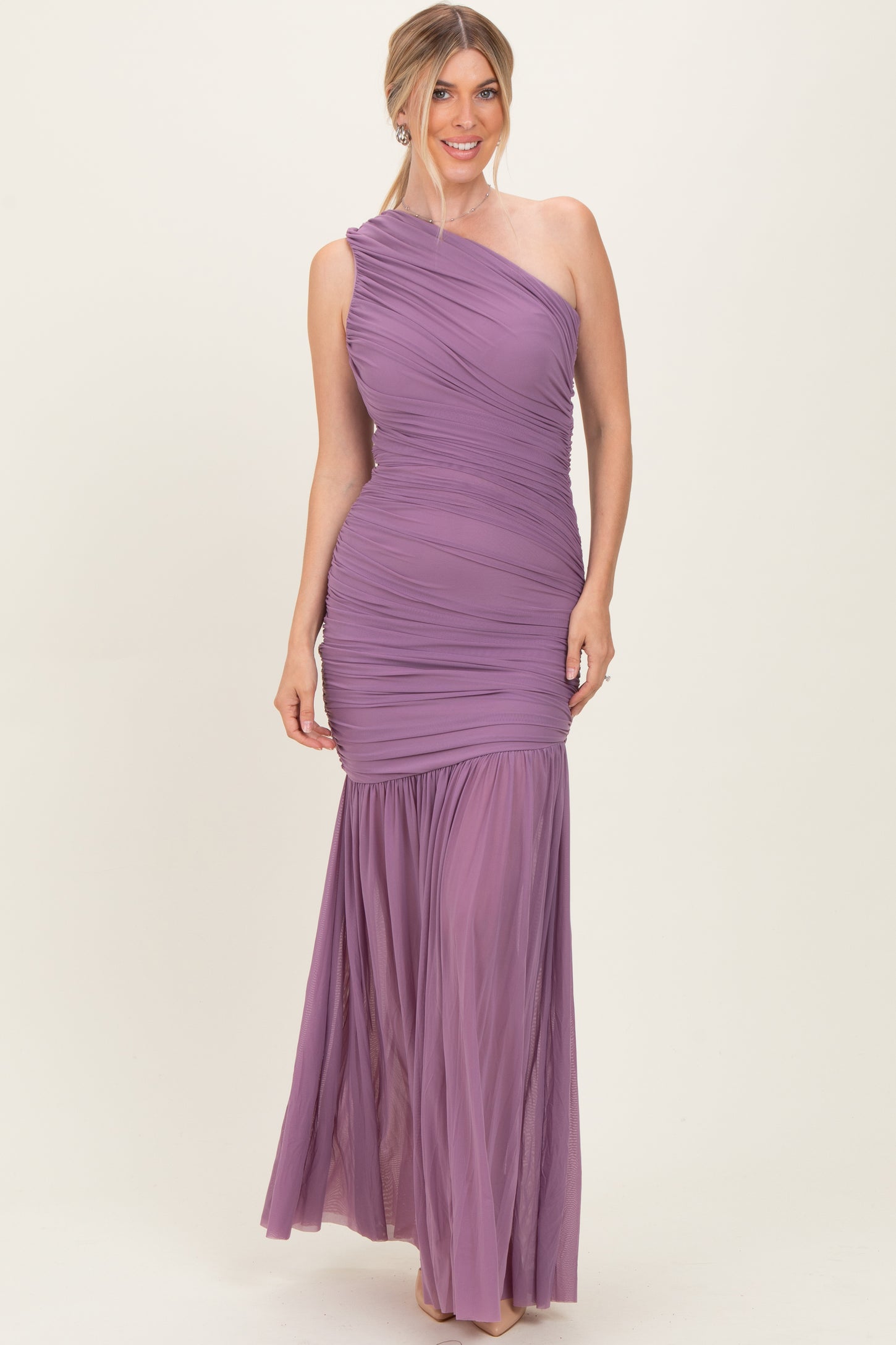 Dark Lavender Ruched Mesh One Shoulder Maternity Maxi Dress