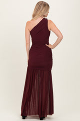 Dark Burgundy Ruched Mesh One Shoulder Maxi Dress