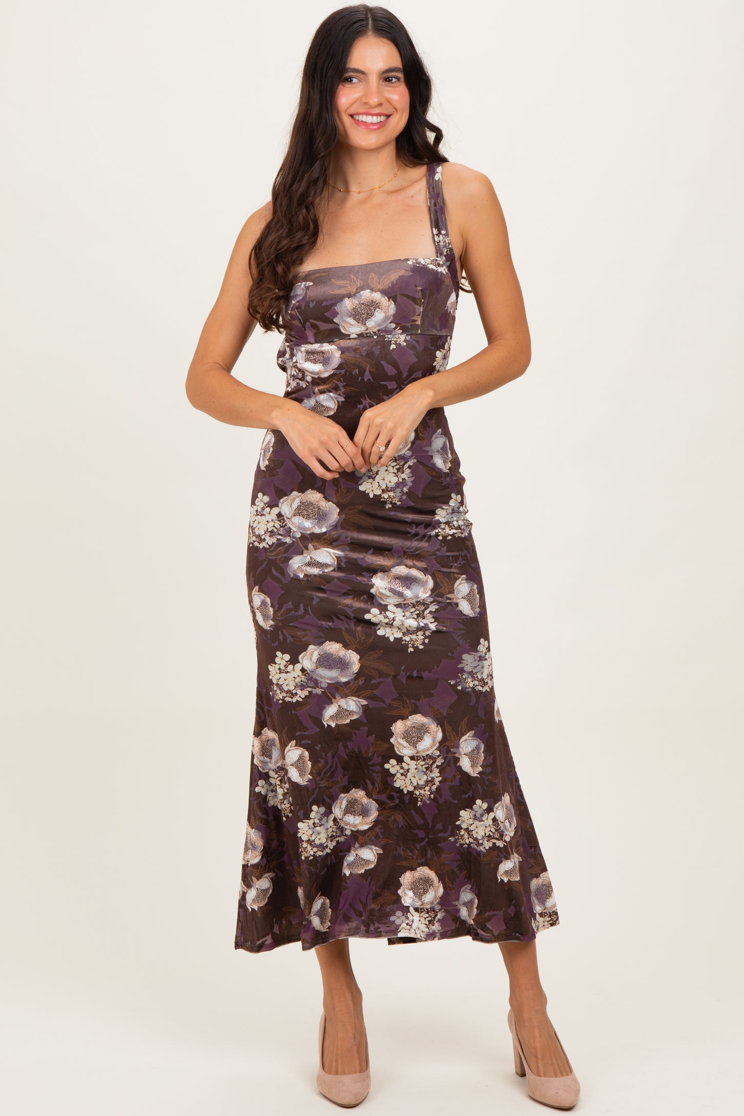 Chocolate Lace Up Back Maternity Midi Dress