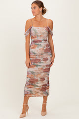Taupe Floral Ruched Midi Maternity Dress