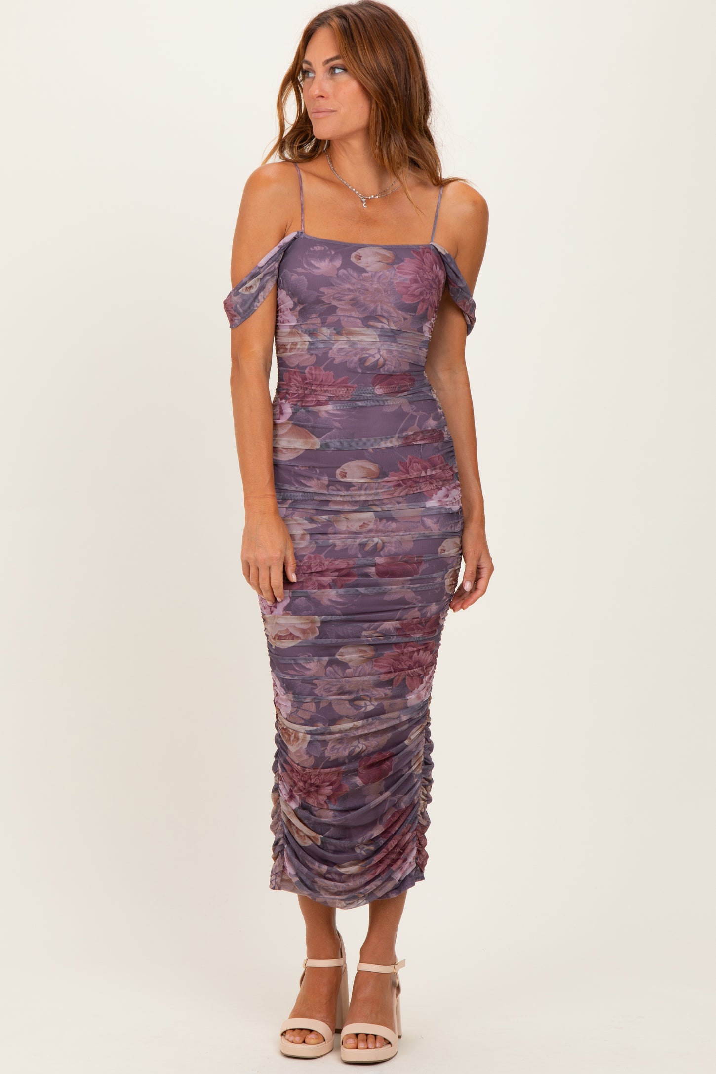 Lavender Floral Ruched Midi Maternity Dress