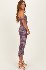 Lavender Floral Ruched Midi Dress