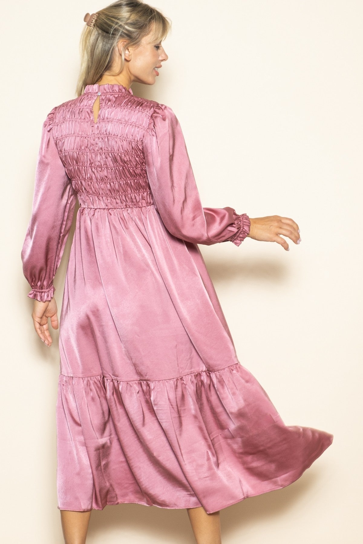 Mauve Mock Neck Satin Smocked Chest Dress