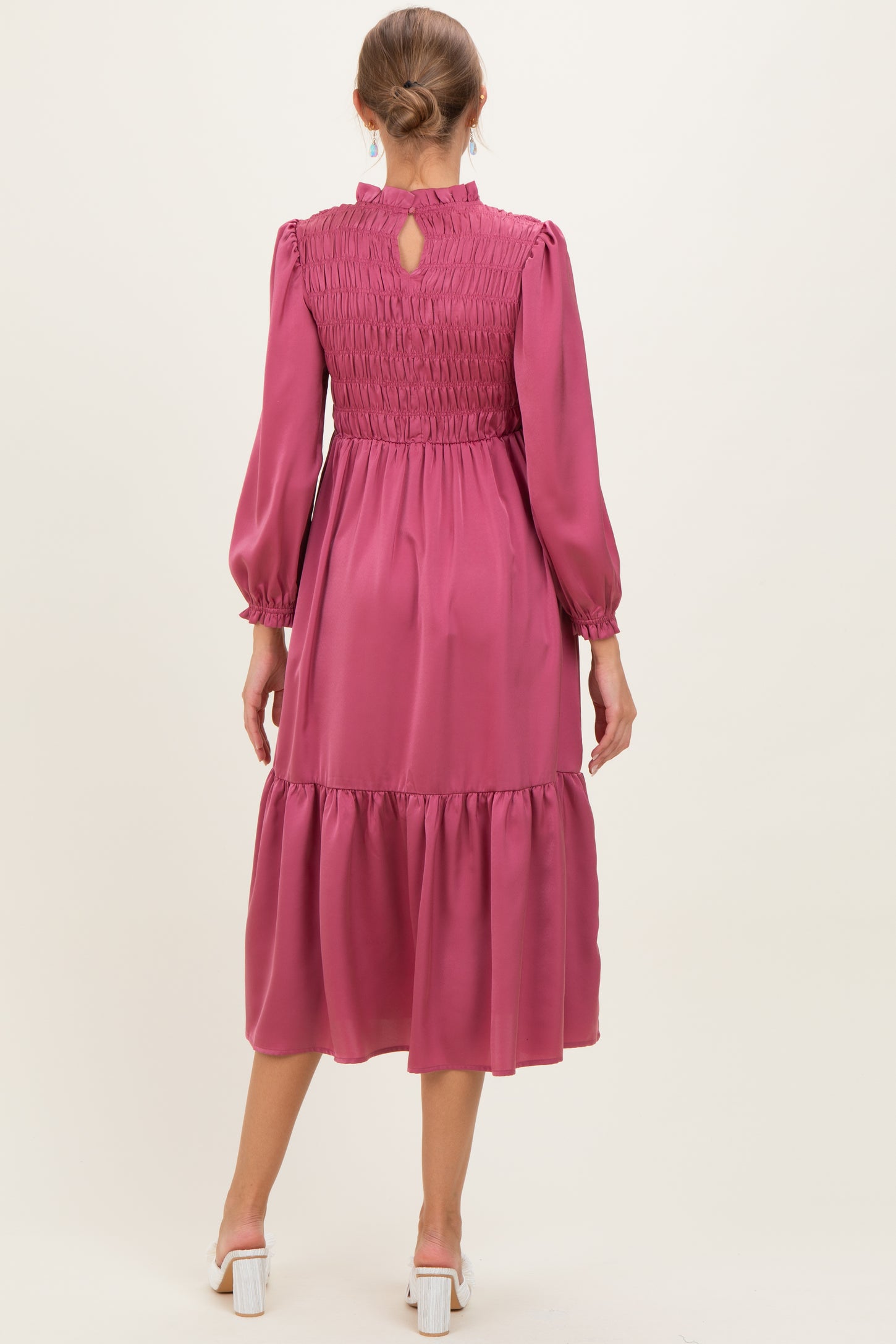 Mauve Mock Neck Satin Smocked Chest Maternity Dress