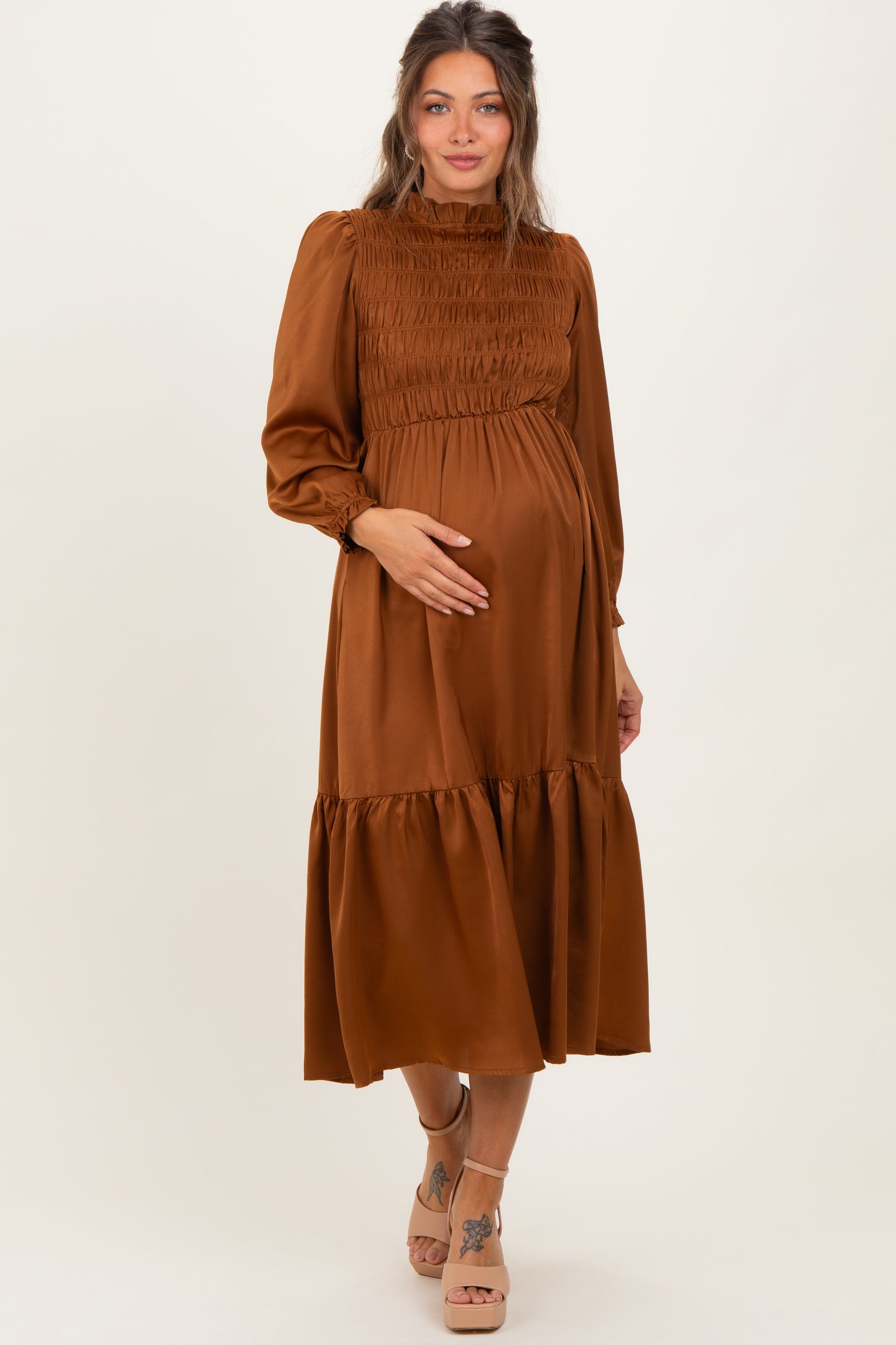 Mocha Mock Neck Satin Smocked Chest Maternity Dress