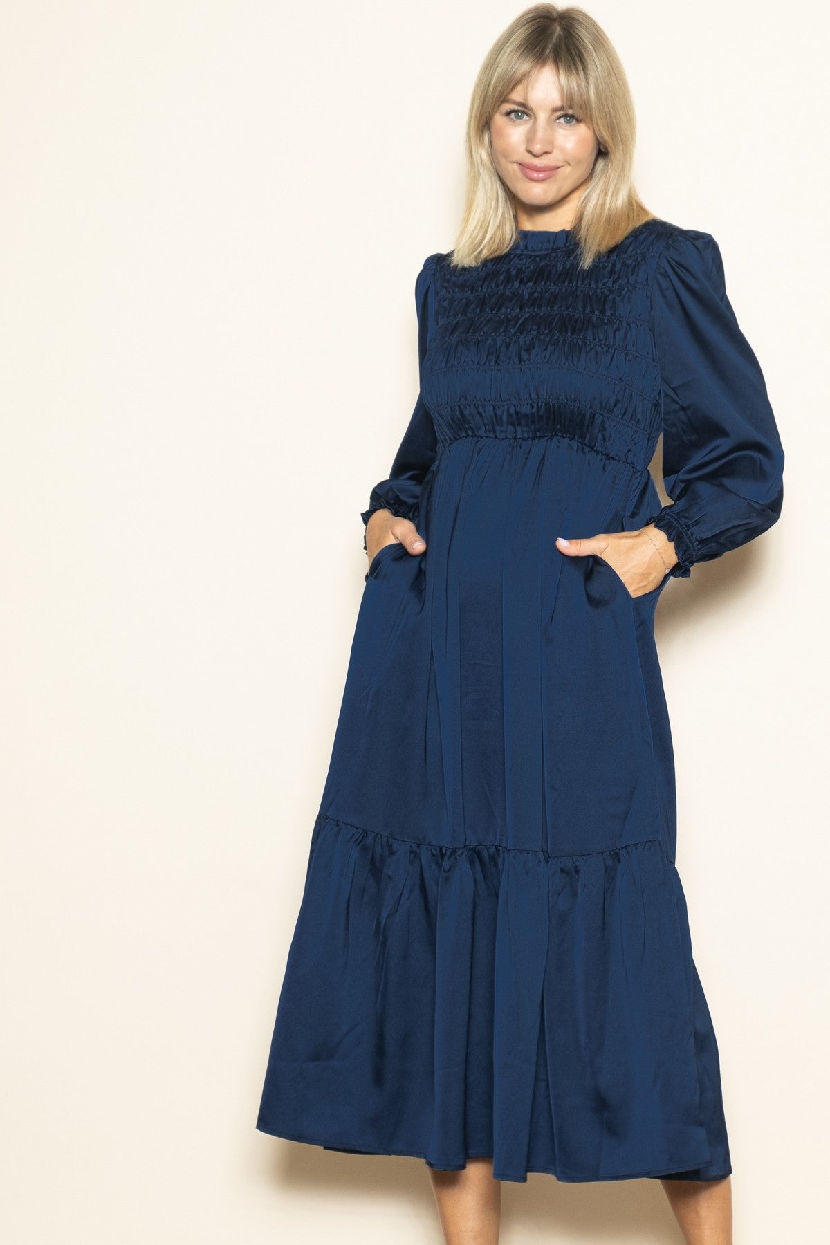 Navy Mock Neck Satin Smocked Chest Dress