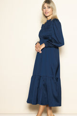 Navy Mock Neck Satin Smocked Chest Dress