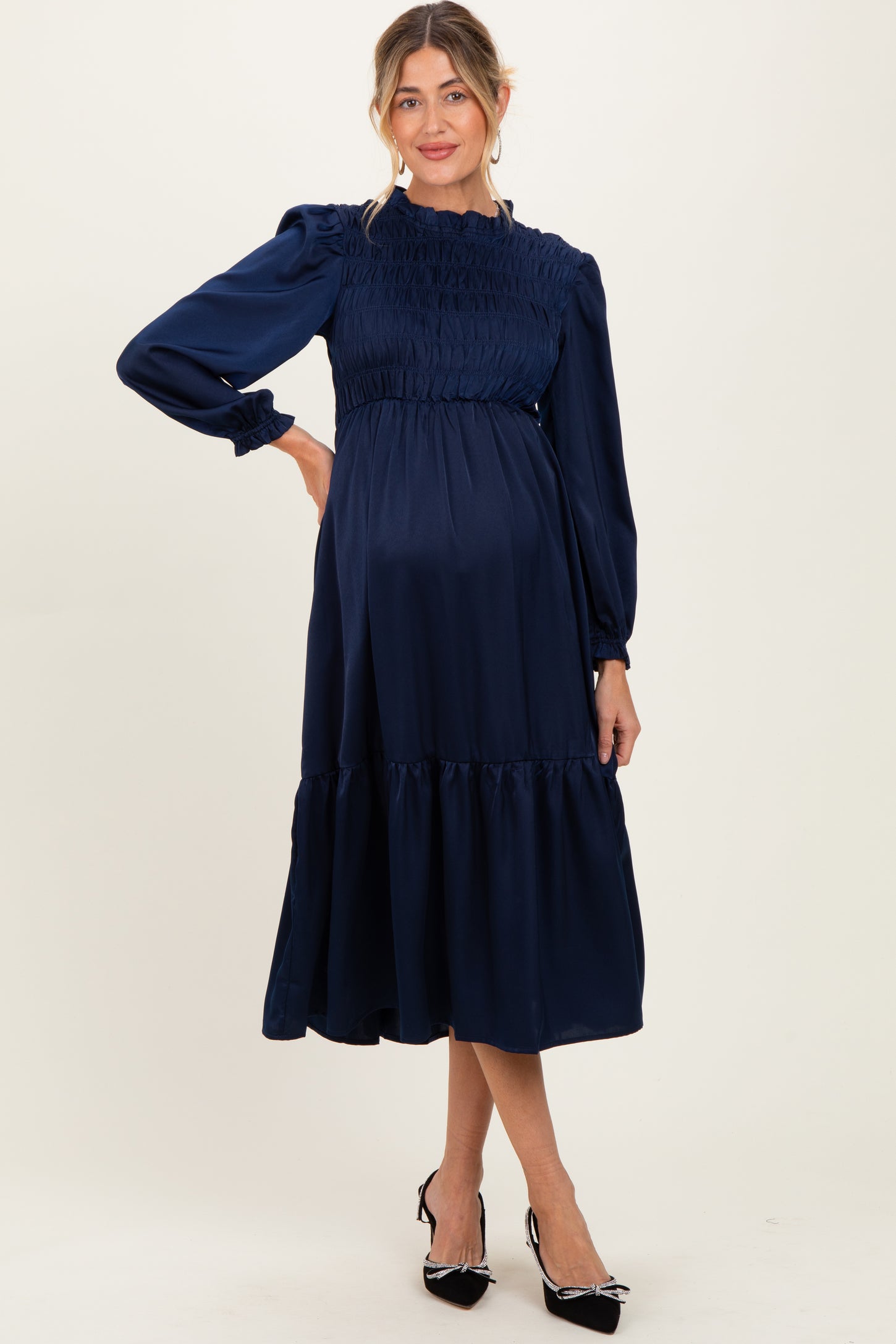Navy Mock Neck Satin Smocked Chest Maternity Dress