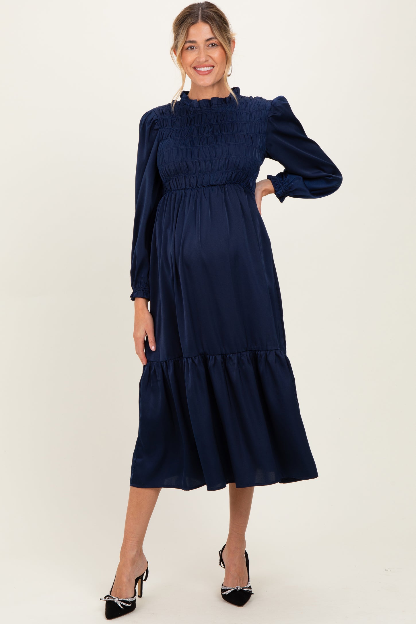 Navy Mock Neck Satin Smocked Chest Maternity Dress