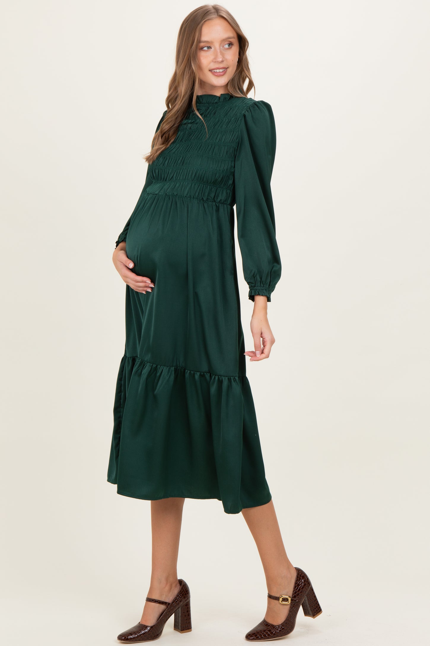 Forest Green Mock Neck Satin Smocked Chest Maternity Dress