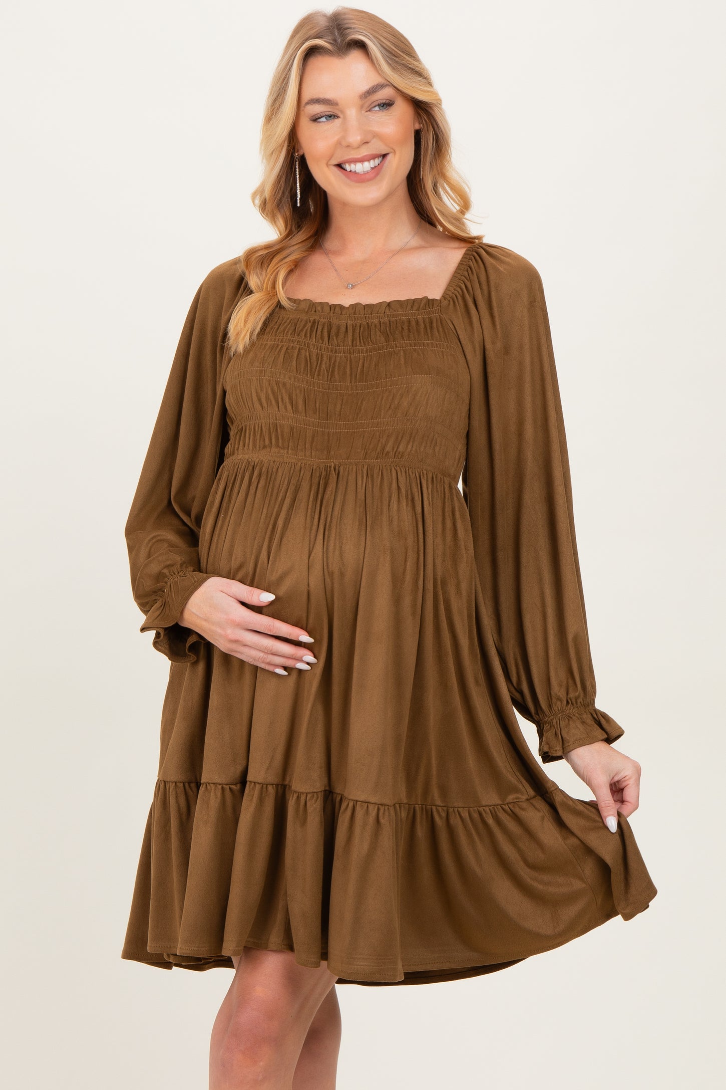 Camel Suede Maternity Dress