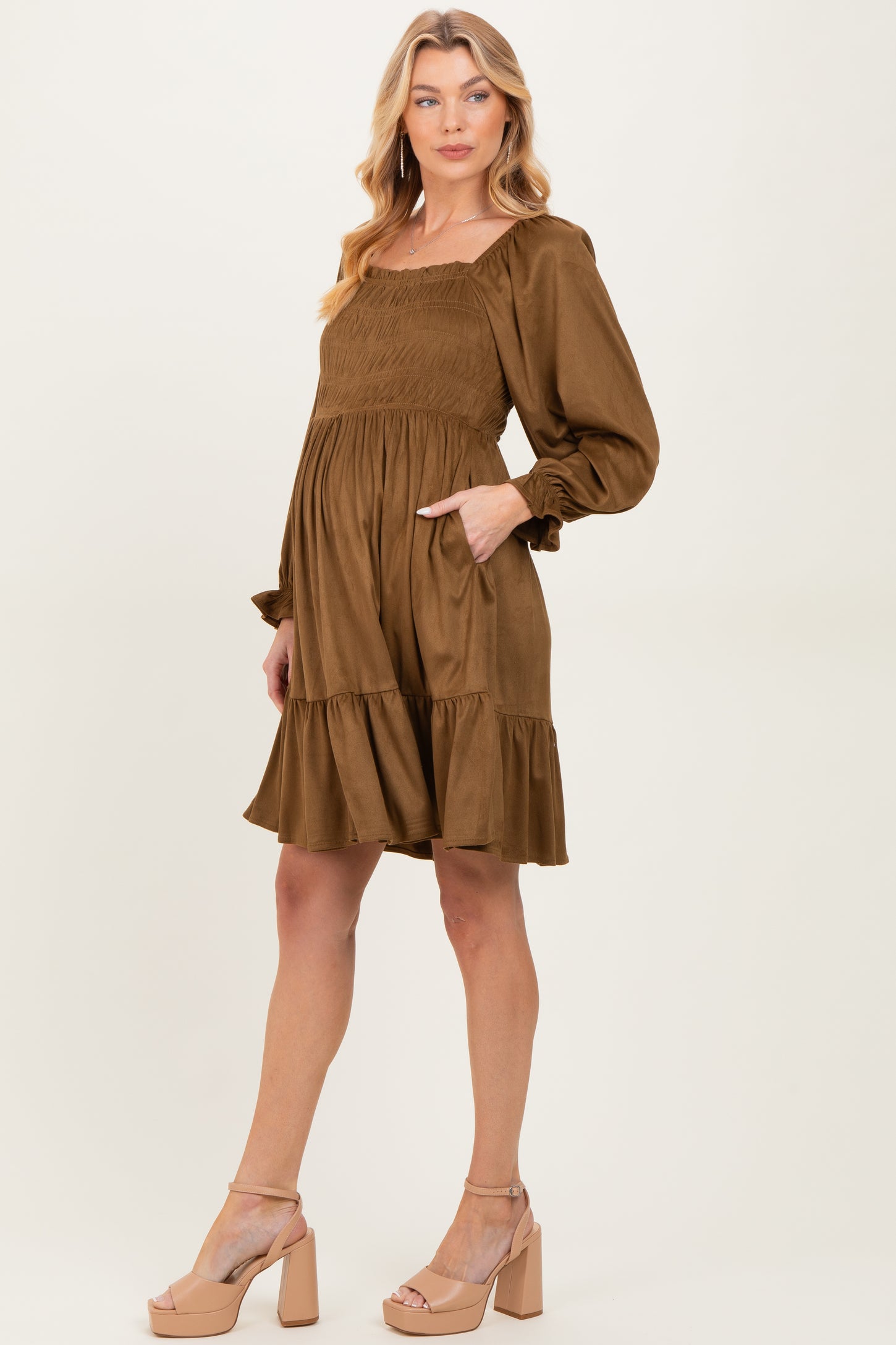Camel Suede Maternity Dress