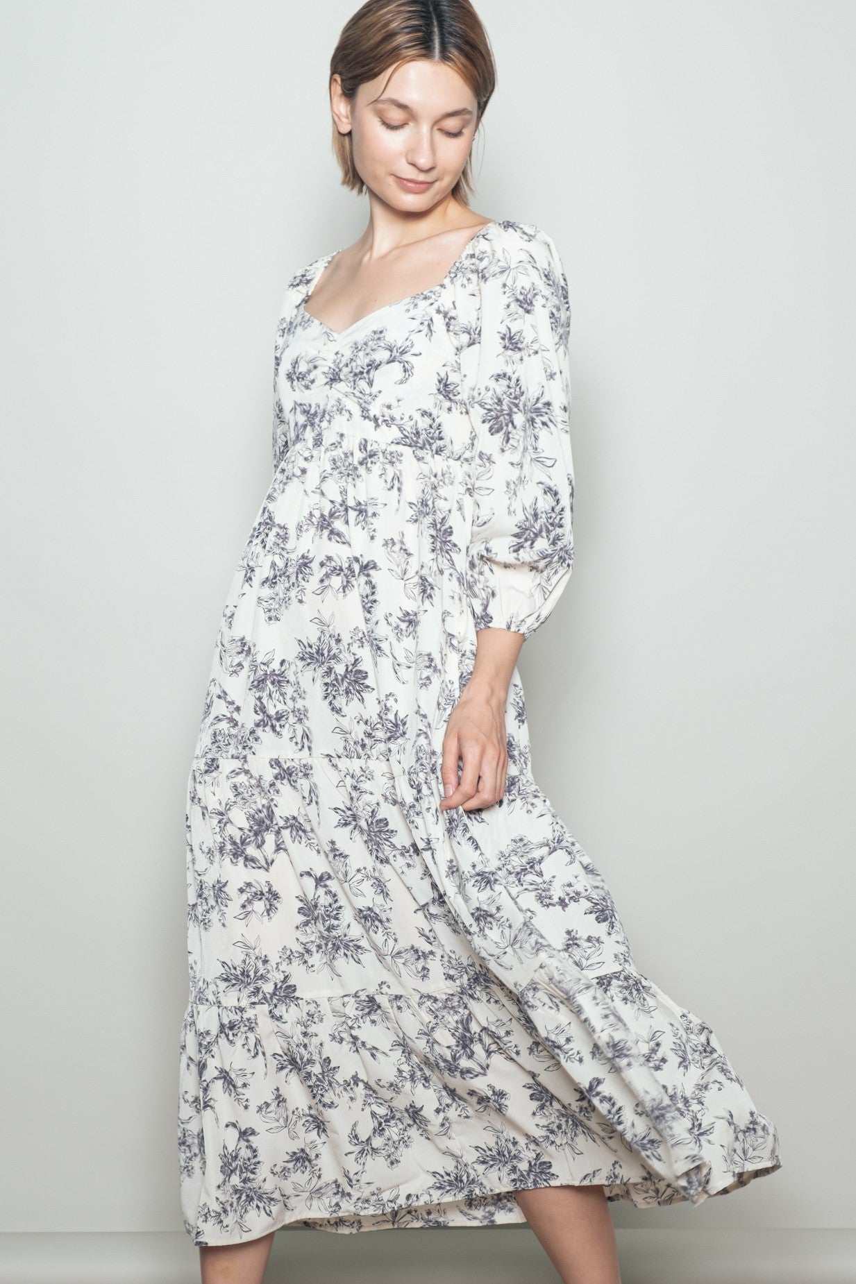 Cream Antique Floral Neck Maxi Dress