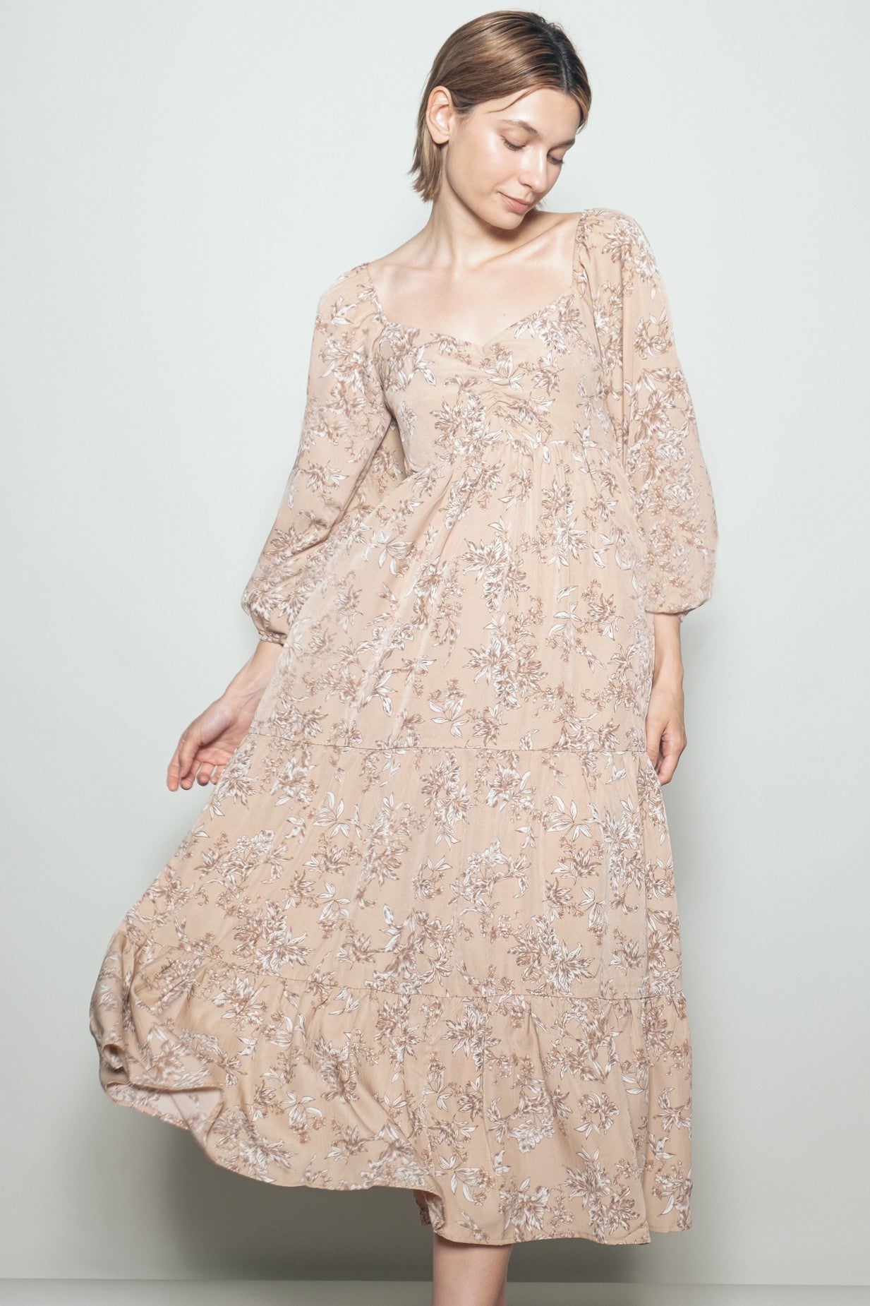 Beige Antique Floral Neck Maxi Dress