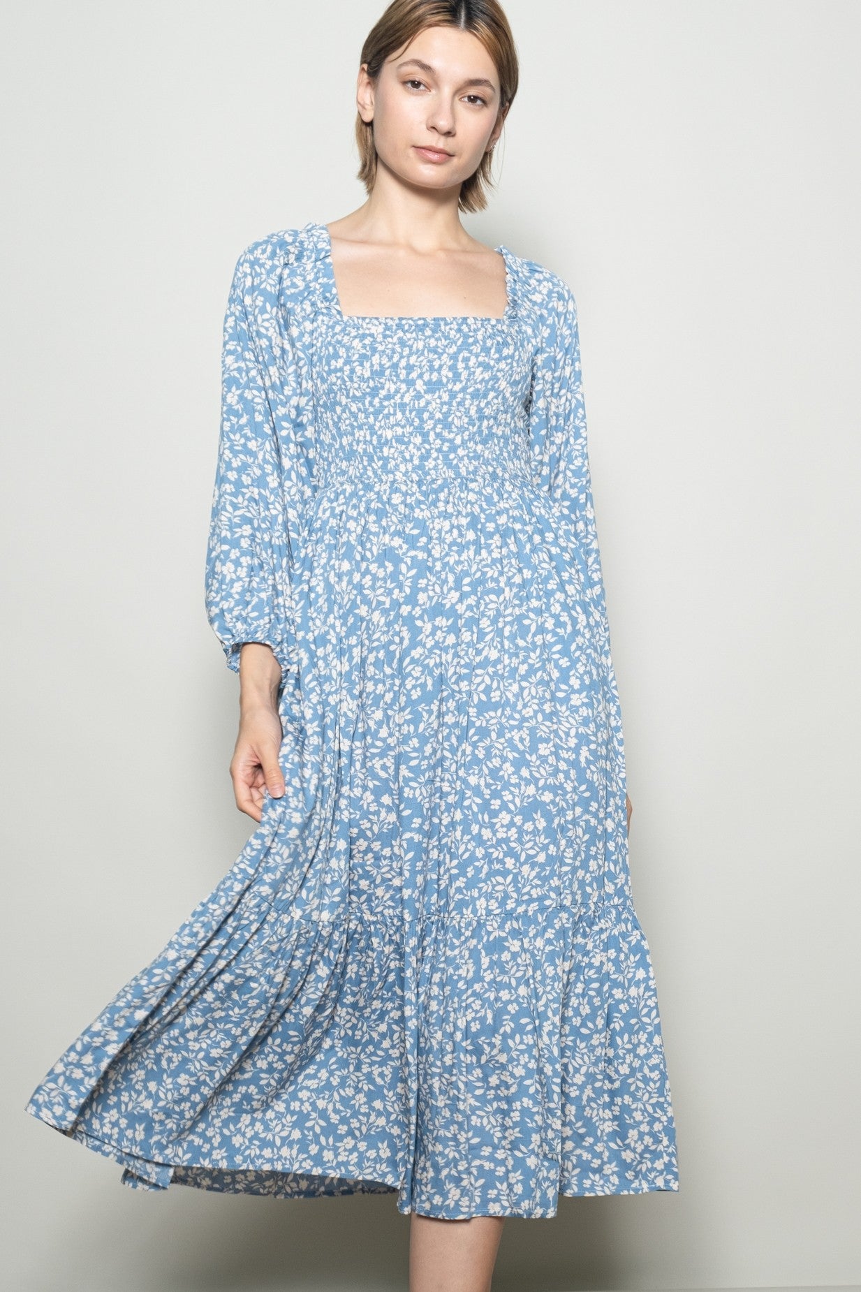 Dusty Blue Floral Square Neck Maxi Dress