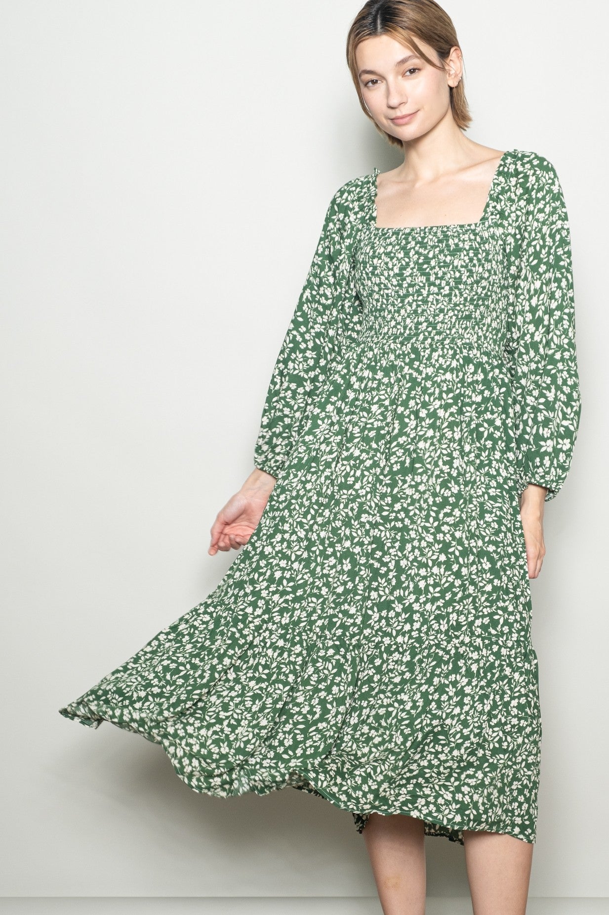 Green Floral Square Neck Maxi Dress