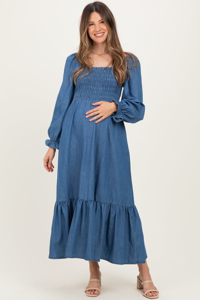 Denim Washed Sweetheart Maternity Maxi Dress