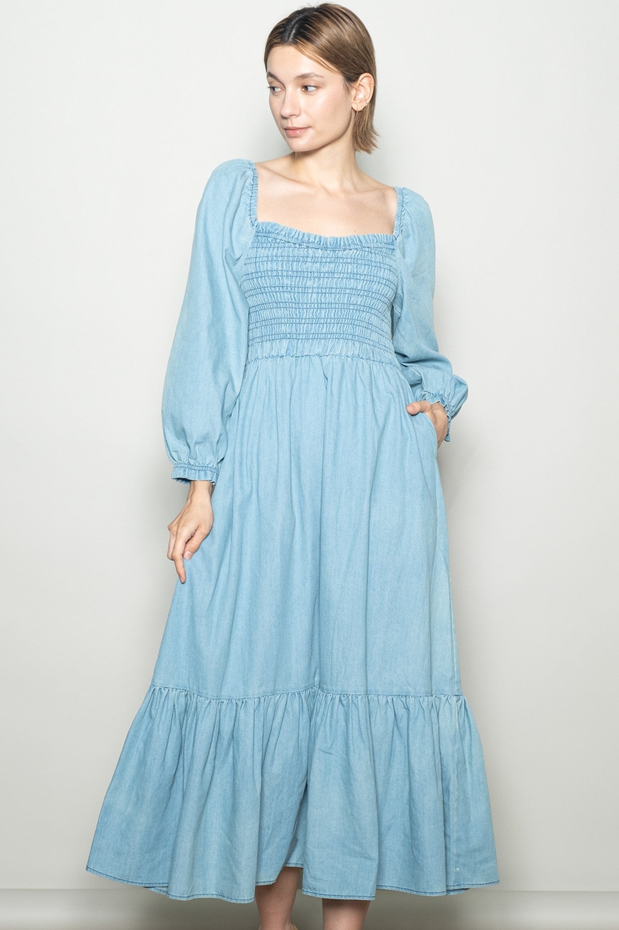 Light Denim Washed Sweetheart Maxi Dress