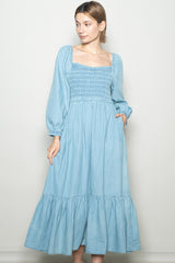 Light Denim Washed Sweetheart Maxi Dress