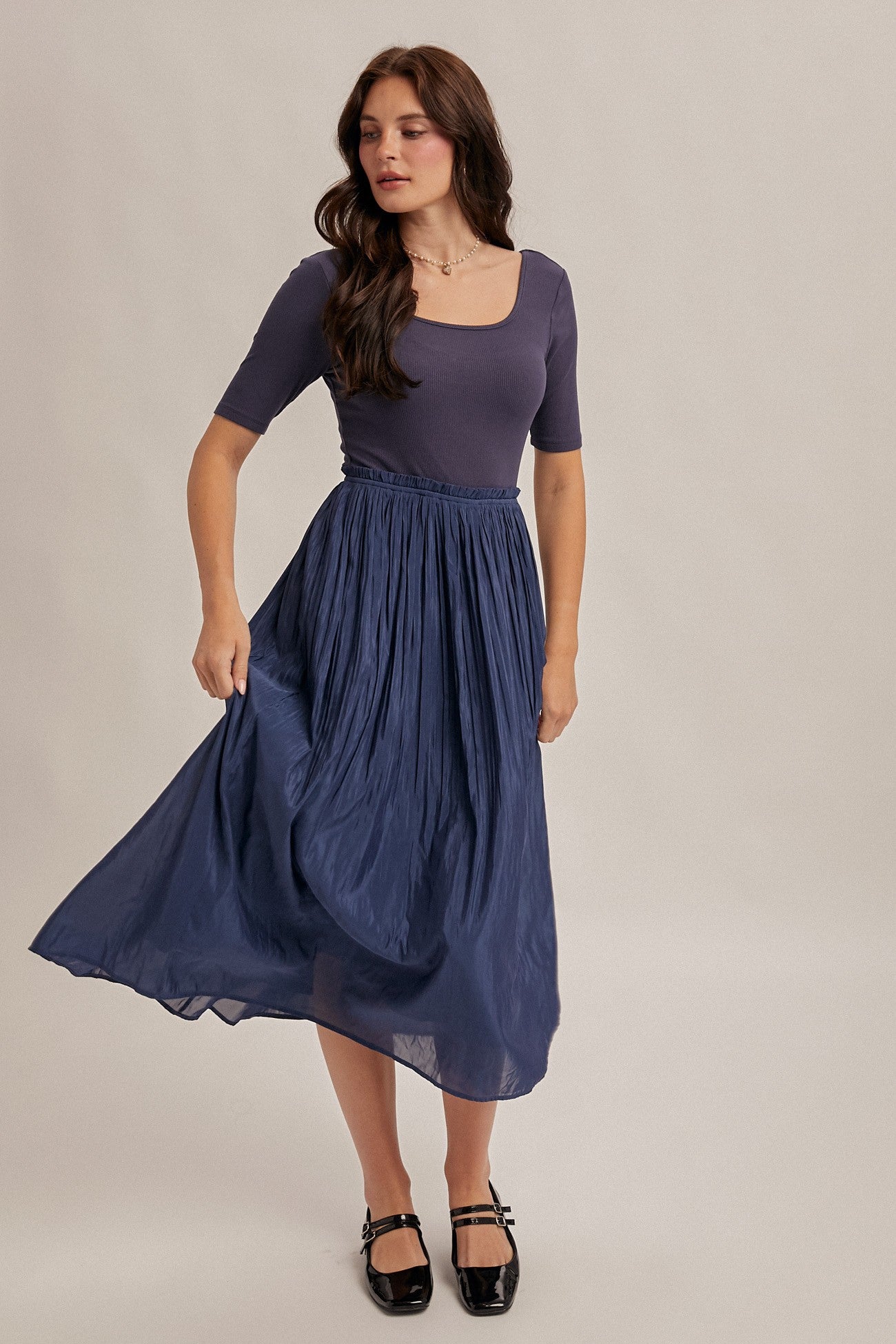 Navy Scoop Neck Pleated Skirt Ballet Maternity Dress