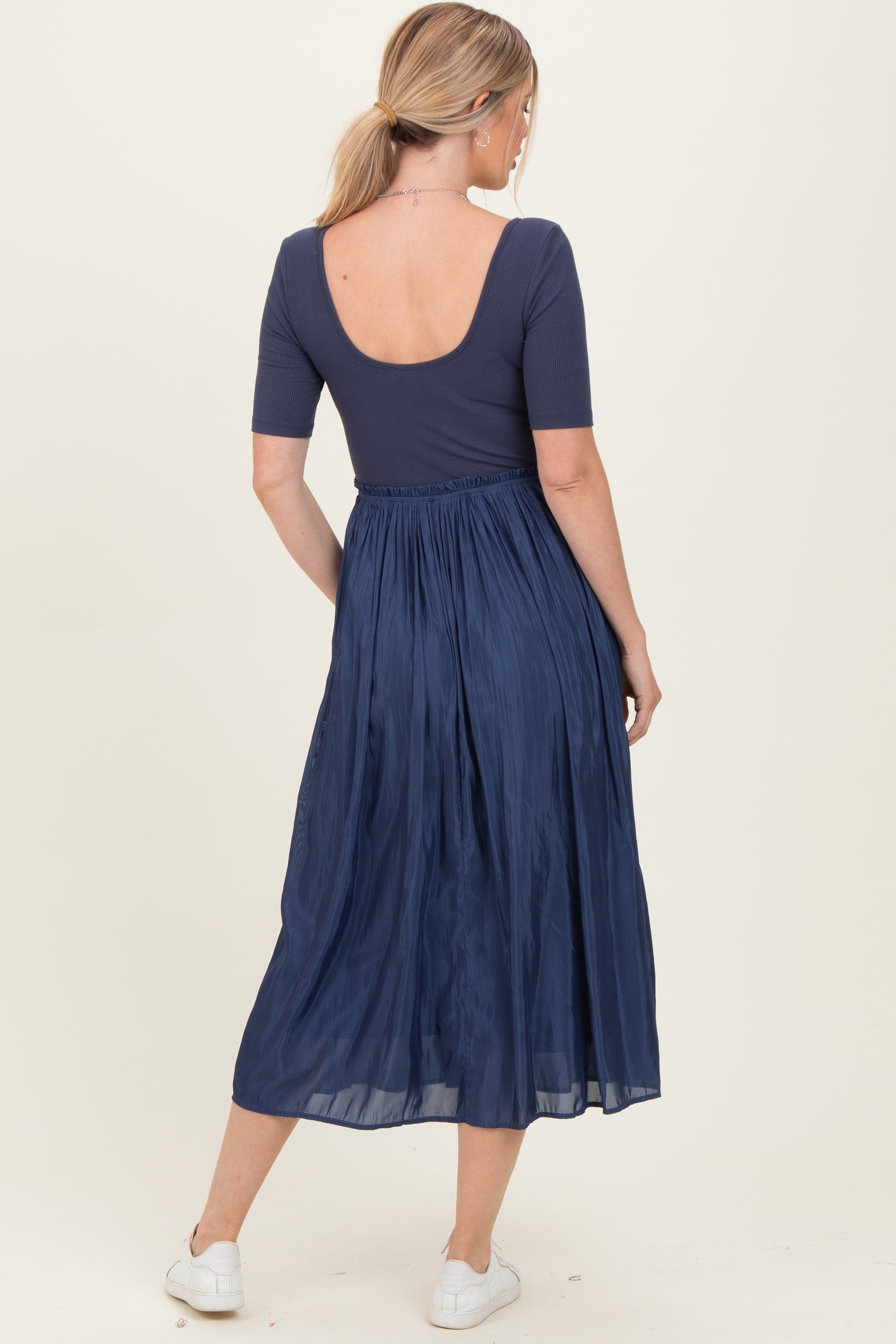 Navy Scoop Neck Pleated Skirt Ballet Dress