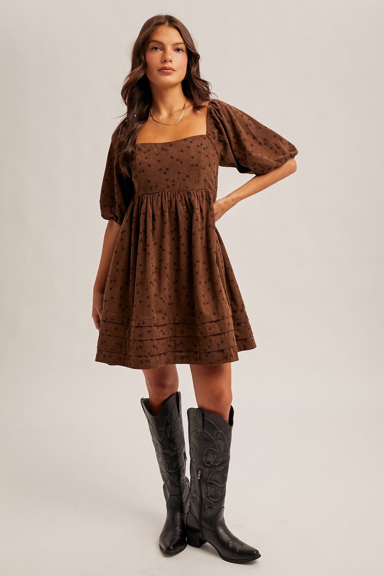 Mocha Floral Corduroy Puff Sleeve Babydoll Mini Dress