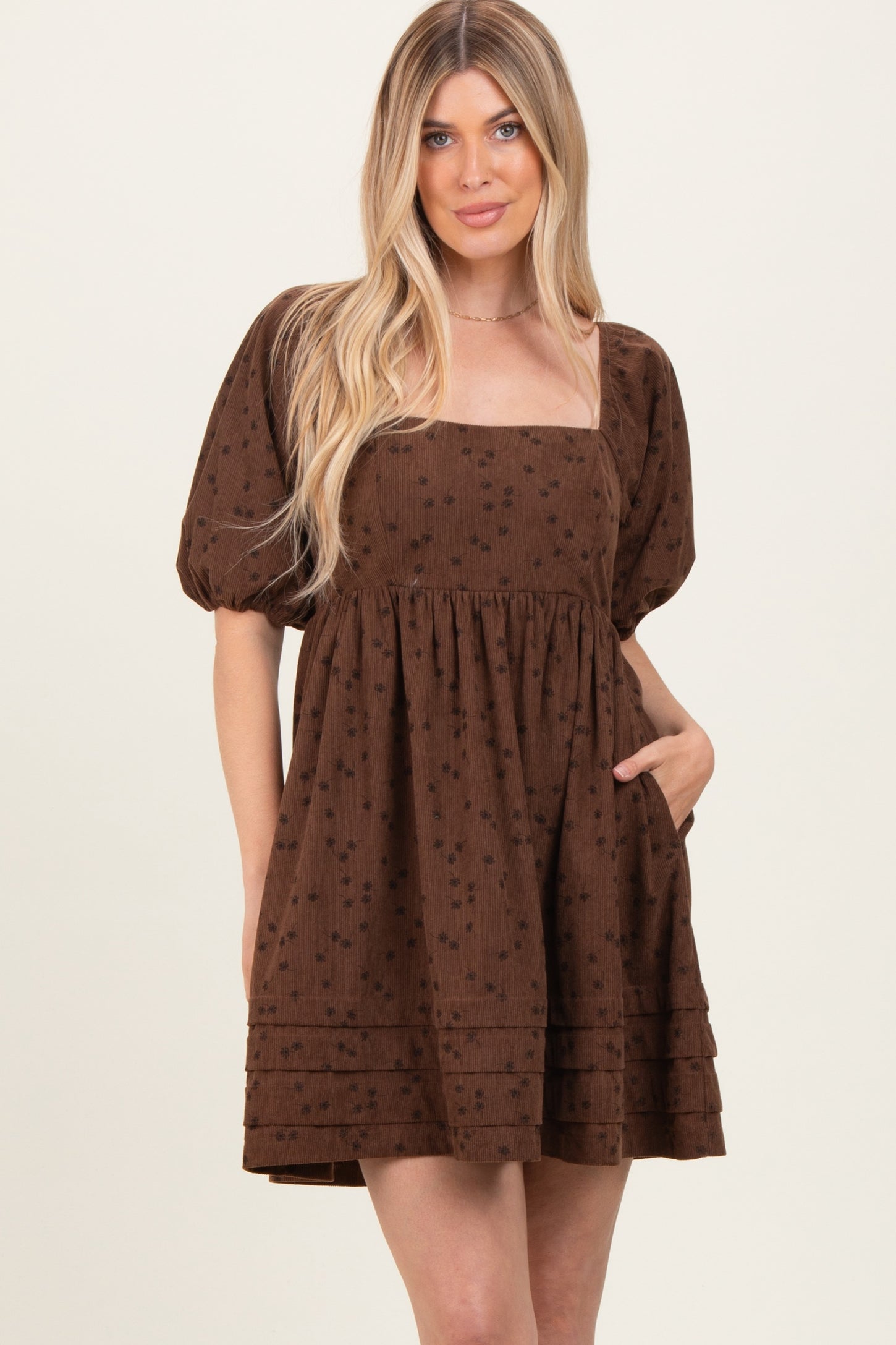 Mocha Floral Corduroy Puff Sleeve Babydoll Mini Dress