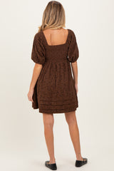 Mocha Floral Corduroy Puff Sleeve Babydoll Mini Maternity Dress