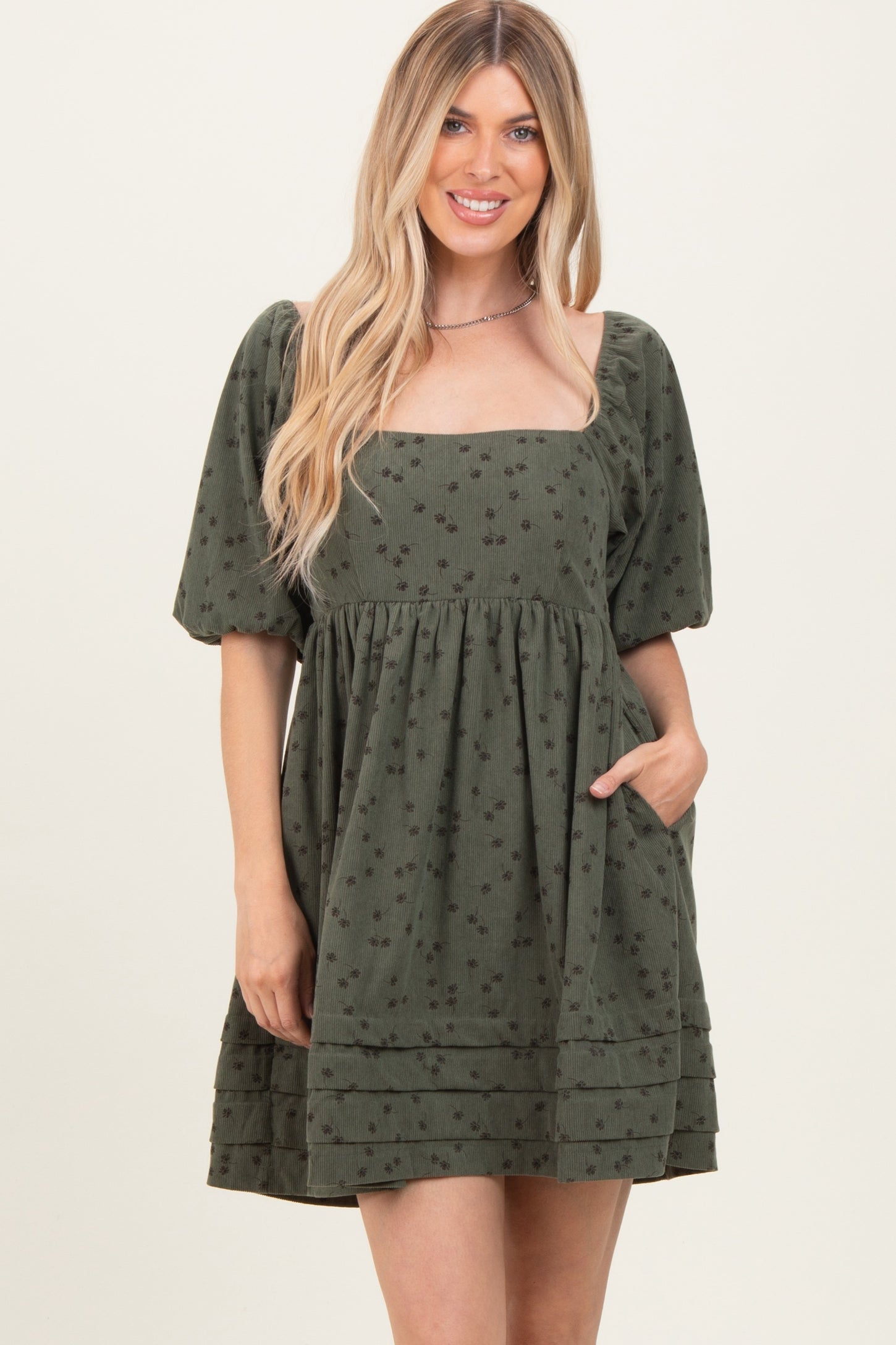 Olive Floral Corduroy Puff Sleeve Babydoll Mini Dress