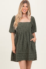 Olive Floral Corduroy Puff Sleeve Babydoll Mini Dress